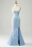 Light Blue Mermaid Sweetheart Corset Long Prom Dress With Slit