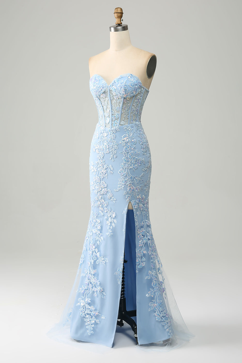 Light Blue Mermaid Sweetheart Corset Long Prom Dress With Slit