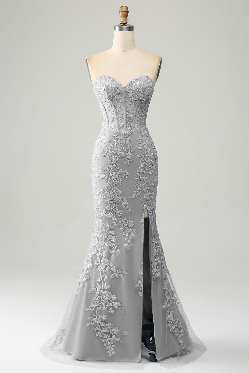 light grey mermaid dress Beaded Strapless Long Mermaid Prom Dress