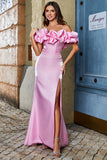 Sparkly Pink Mermaid Off Shoulder Meringue Ruffle Prom Dress With Slit