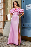 Sparkly Pink Mermaid Off Shoulder Meringue Ruffle Prom Dress With Slit