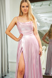 Sparkly Pink A Line Spaghetti Straps Long Prom Dress With Slit