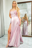 Sparkly Pink A Line Spaghetti Straps Long Prom Dress With Slit