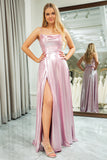 Sparkly Pink A Line Spaghetti Straps Long Prom Dress With Slit