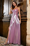 Pink A Line Spaghetti Straps Pleated Long Prom Dress With Slit
