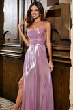 Pink A Line Spaghetti Straps Pleated Long Prom Dress With Slit