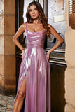 Pink A Line Spaghetti Straps Pleated Long Prom Dress With Slit