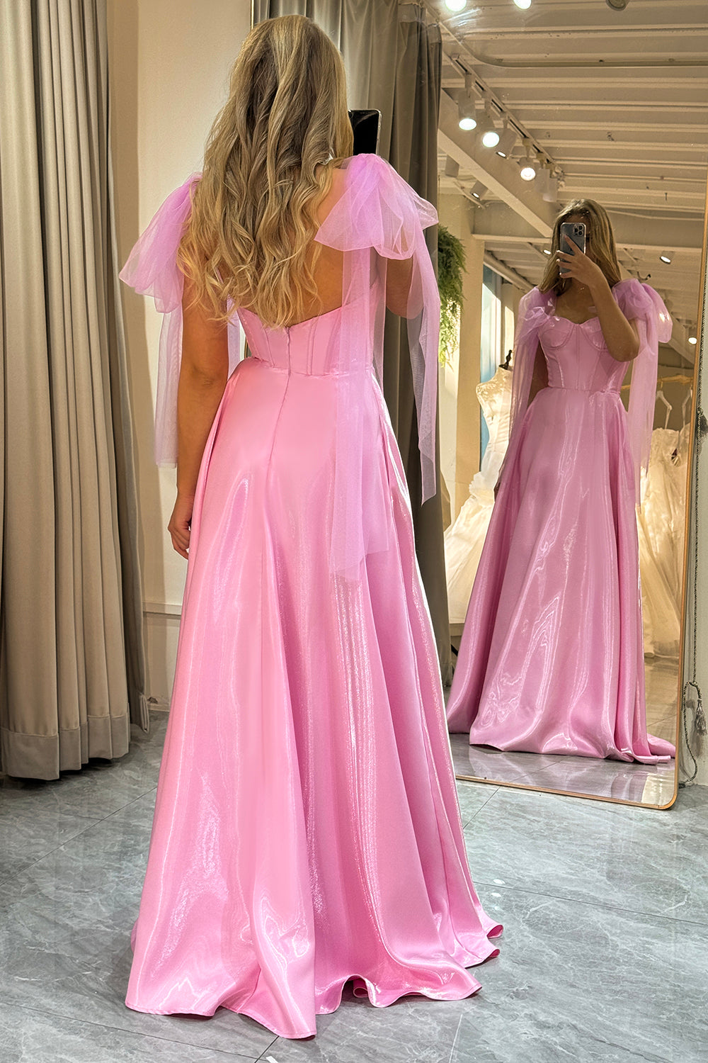 Pink A-Line Spaghetti Straps Floor Length Corset Prom Dress