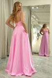 Pink A-Line Spaghetti Straps Corset Long Prom Dress