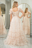 Champagne A Line Square Neck Pleated Long Prom Dress With Short Sleeves