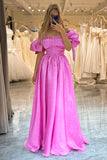 Hot Pink A-Line Tighten The Waist Prom Dress with Puff Sleeves