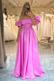 A-Line Off The Shoulder Fuchsia Lace-Up Prom Dress With Puff Sleeves