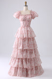 Blush A-Line Tiered Corset Prom Dress With Puff Sleeves