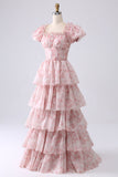 Blush A-Line Tiered Corset Prom Dress With Puff Sleeves