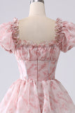 Green A-Line Off The Shoulder Tiered Corset Prom Dress With Puff Sleeves