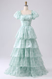 Green A-Line Off The Shoulder Tiered Corset Prom Dress With Puff Sleeves