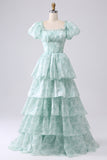 Light Blue A-Line Off The Shoulder Tiered Corset Prom Dress With Puff Sleeves