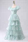 Light Blue A-Line Tiered Corset Prom Dress With Puff Sleeves