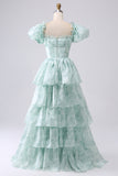 Light Blue A-Line Off The Shoulder Tiered Corset Prom Dress With Puff Sleeves