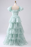 Green A-Line Off The Shoulder Tiered Corset Prom Dress With Puff Sleeves