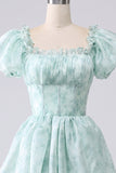 Green A-Line Off The Shoulder Tiered Corset Prom Dress With Puff Sleeves