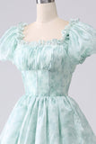 Green A-Line Off The Shoulder Tiered Corset Prom Dress With Puff Sleeves