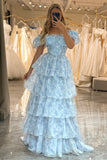 Light Blue Floral Print A-Line Off The Shoulder Tiered Prom Dress