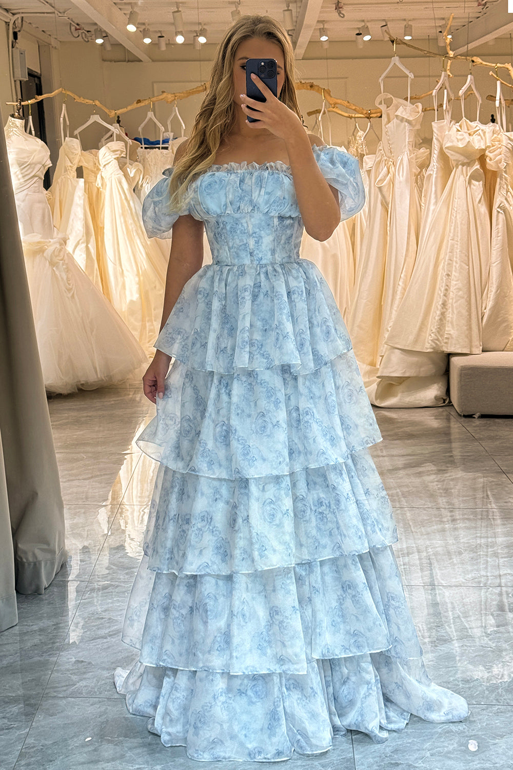 WEDTREND Women Light Blue Prom Dress Floral Print A-Line Off The Shoulder Tiered Evening Party Dress WEDTREND Women Light Blue Prom Dress Floral Print A-Line Off The Shoulder Tiered Evening Party Dress