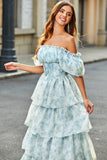 Light Blue A-Line Off The Shoulder Tiered Corset Prom Dress With Puff Sleeves