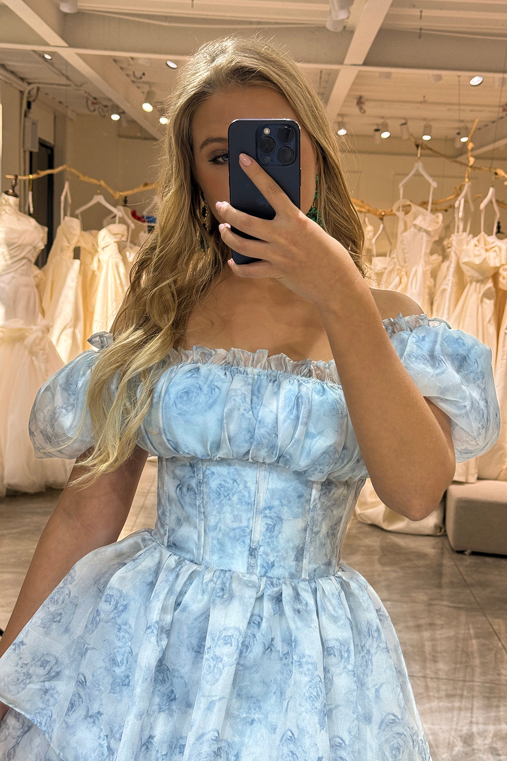 WEDTREND Women Light Blue Prom Dress Floral Print A-Line Off The Shoulder Tiered Evening Party Dress WEDTREND Women Light Blue Prom Dress Floral Print A-Line Off The Shoulder Tiered Evening Party Dress