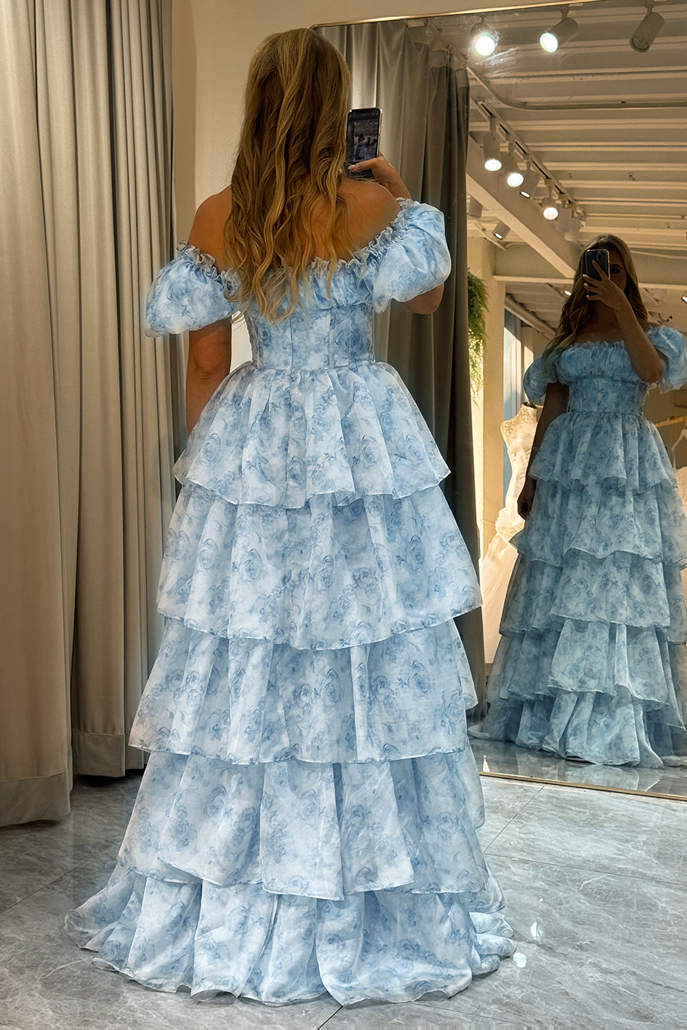 Light Blue Floral Print A-Line Off The Shoulder Tiered Prom Dress