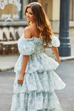 Light Blue A-Line Off The Shoulder Tiered Corset Prom Dress With Puff Sleeves