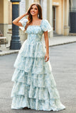 Light Blue A-Line Off The Shoulder Tiered Corset Prom Dress With Puff Sleeves