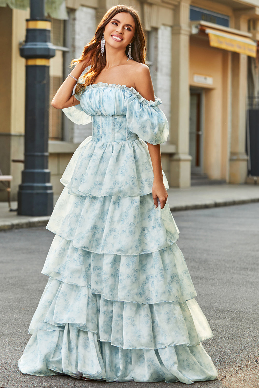 Wedtrend Women Light Blue Tiered Prom Dress with Corset Tulle Printed Evening  Dress with Puff Sleeves – WEDTREND