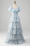 Light Blue A-Line Off The Shoulder Tiered Corset Prom Dress With Puff Sleeves