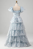 Light Blue A-Line Off The Shoulder Tiered Corset Prom Dress With Puff Sleeves