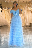 Light Blue A-Line Off The Shoulder Tiered Tulle Prom Dress