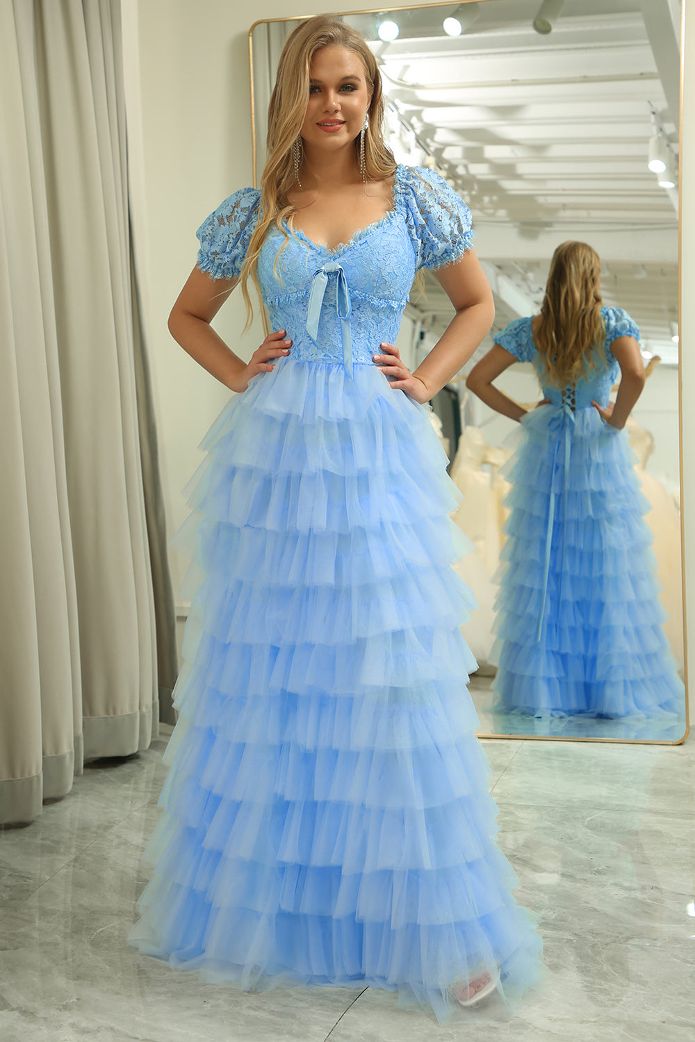 Sky Blue A-Line Tiered Tulle Prom Dress With Puff Sleeves