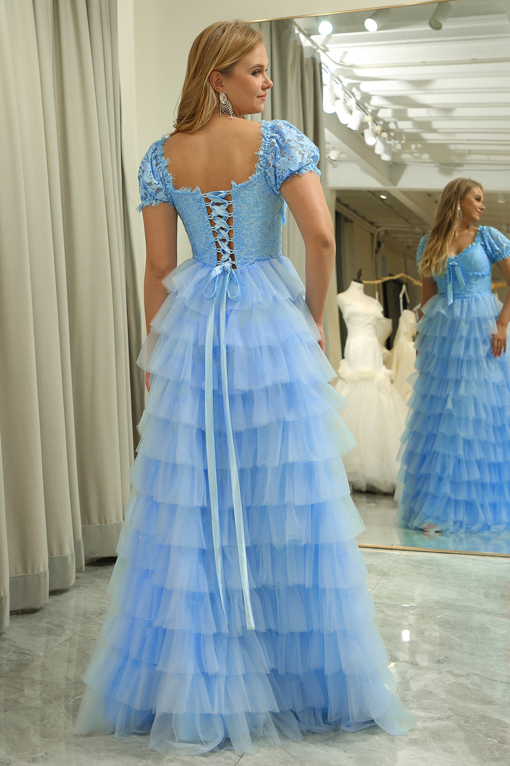 Sky Blue A-Line Tiered Tulle Prom Dress With Puff Sleeves