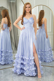A Line Spaghetti Straps Tiered Long Corset Lavender Prom Dress With Slit