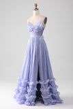 Lavender A Line Tiered Long Corset Pleated Prom Dress With Slit