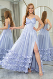 A Line Spaghetti Straps Tiered Long Corset Lavender Prom Dress With Slit