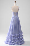 Lavender A Line Tiered Long Corset Pleated Prom Dress With Slit