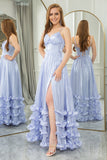 A Line Spaghetti Straps Tiered Long Corset Lavender Prom Dress With Slit