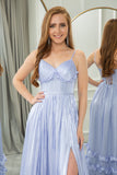 A Line Spaghetti Straps Tiered Long Corset Lavender Prom Dress With Slit