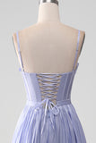 Lavender A Line Tiered Long Corset Pleated Prom Dress With Slit