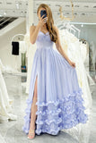 A Line Spaghetti Straps Tiered Long Corset Lavender Prom Dress With Slit