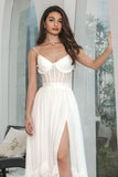 Simple White Ruffled Chiffon Corset High School Party Dress with Slit
