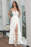 Simple White Ruffled Chiffon Corset High School Party Dress with Slit