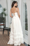 Simple White Ruffled Chiffon Corset High School Party Dress with Slit